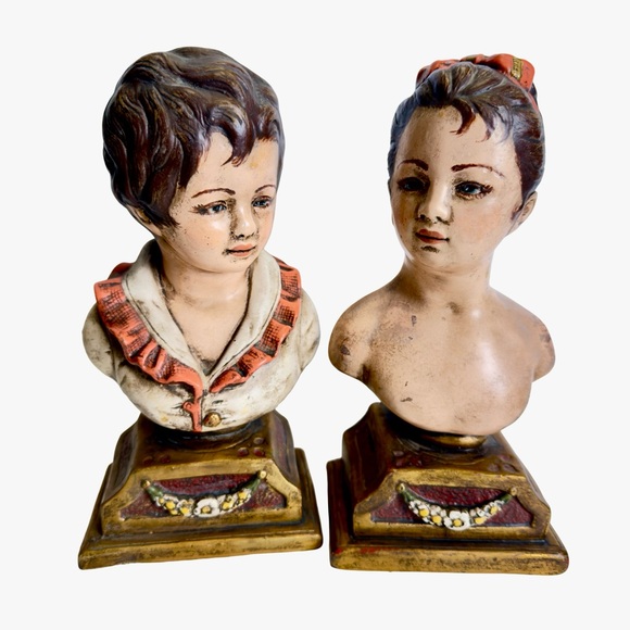 Vintage Pair of Bust Sculptures of Boy and Girl Bookends - Picture 1 of 8